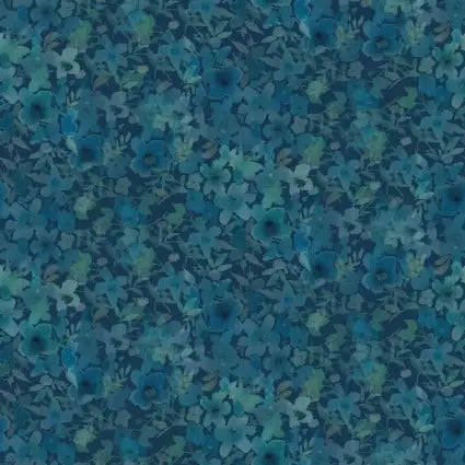 Blue Meadow Digital Flower Fancy Dark Teal Fabric Yardage