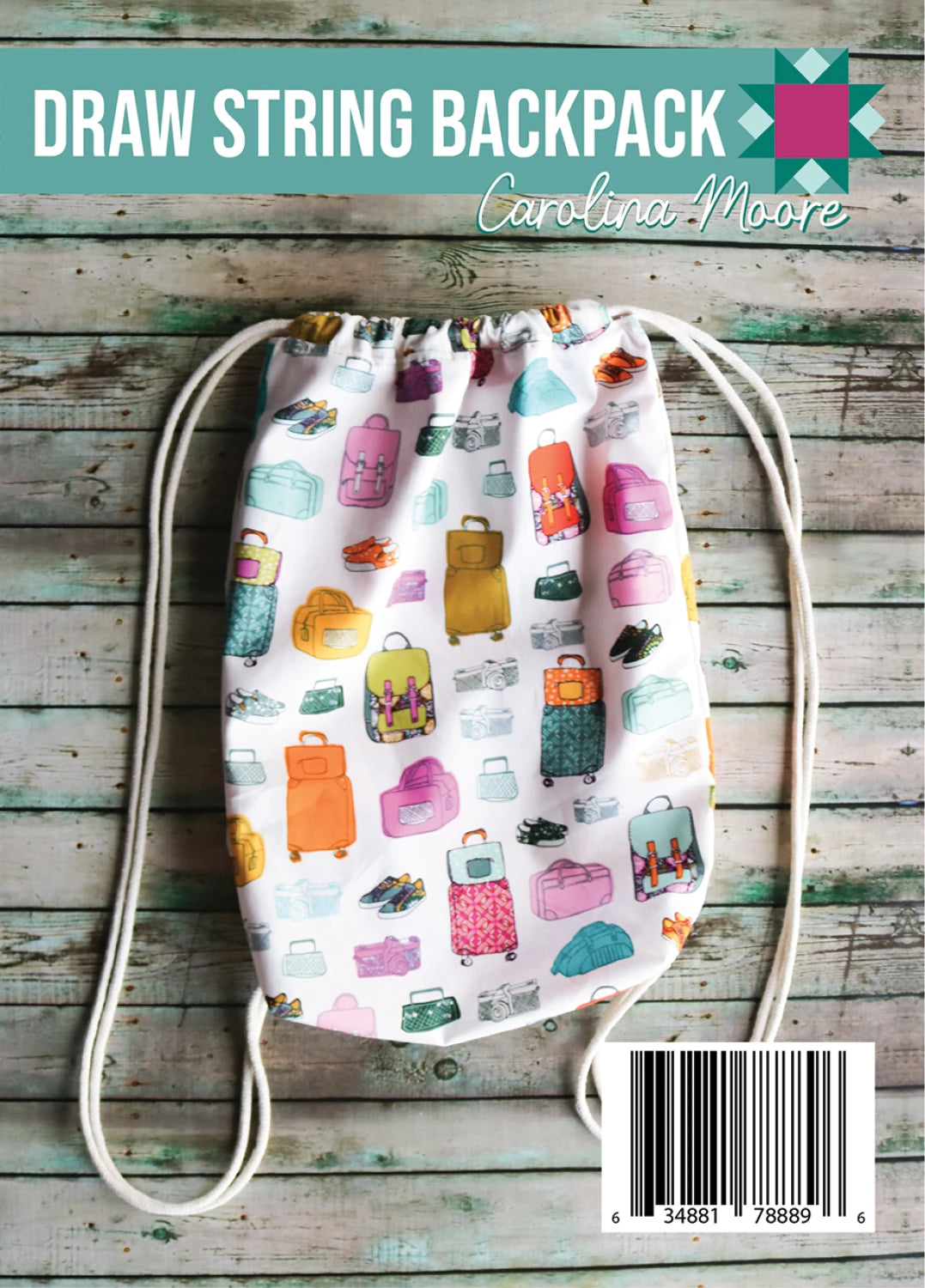 A Draw String Backpack - Postcard Pattern by Checker Distributor with colorful postcard designs lies flat on a rustic wooden surface. "DRAW STRING BACKPACK - Checker Distributor" appears above, and a barcode is at the bottom right.