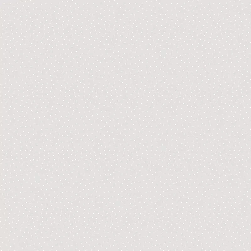 The Riley Blake Elegant Essentials Scatter Dot White Pearl Fabric Yardage features a light gray background with evenly spaced small white dots in rows and columns, perfect for projects needing a classic scatter dot pattern.