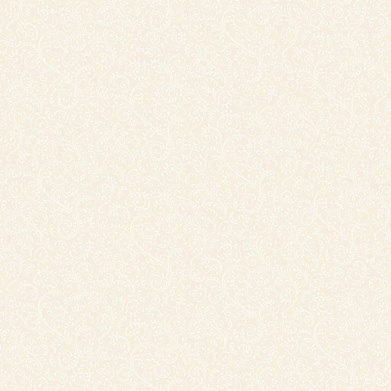 Riley Blake's Elegant Essentials Scroll Cream Pearl Fabric Yardage features a seamless light beige background with subtle white swirling floral patterns, offering a delicate texture—ideal for quilting or enhancing your blender fabric collection.