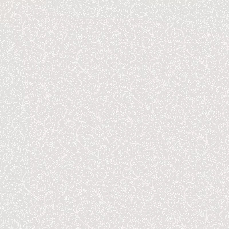 Light gray background with a delicate, repeating white floral and swirl pattern inspired by Riley Blake's Elegant Essentials Scroll White Pearl Fabric Yardage—perfect for subtle, elegant wallpaper or quilting cotton projects.