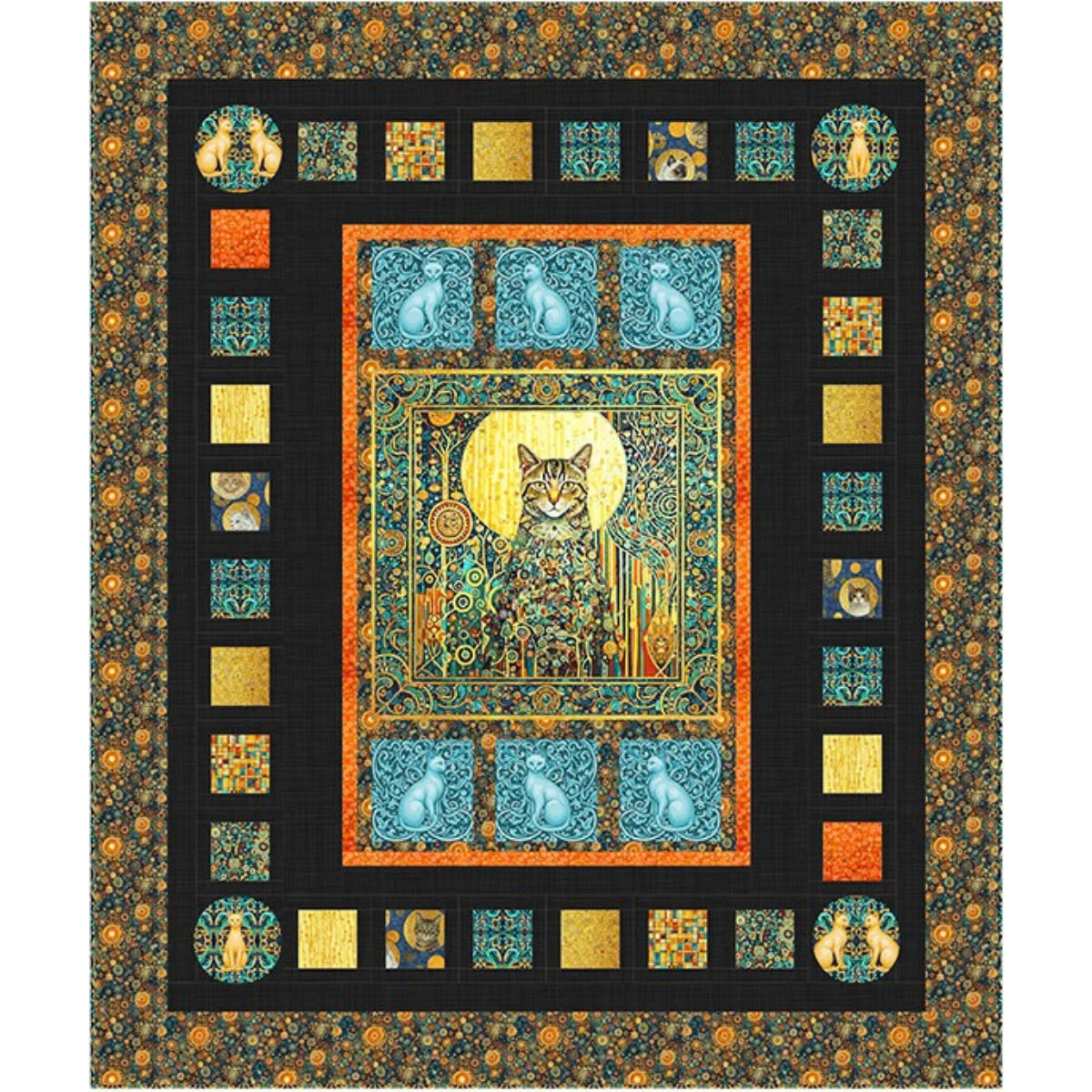 Cat Nouveau quilt kit with art nouveau style feline design in jewel tone fabrics