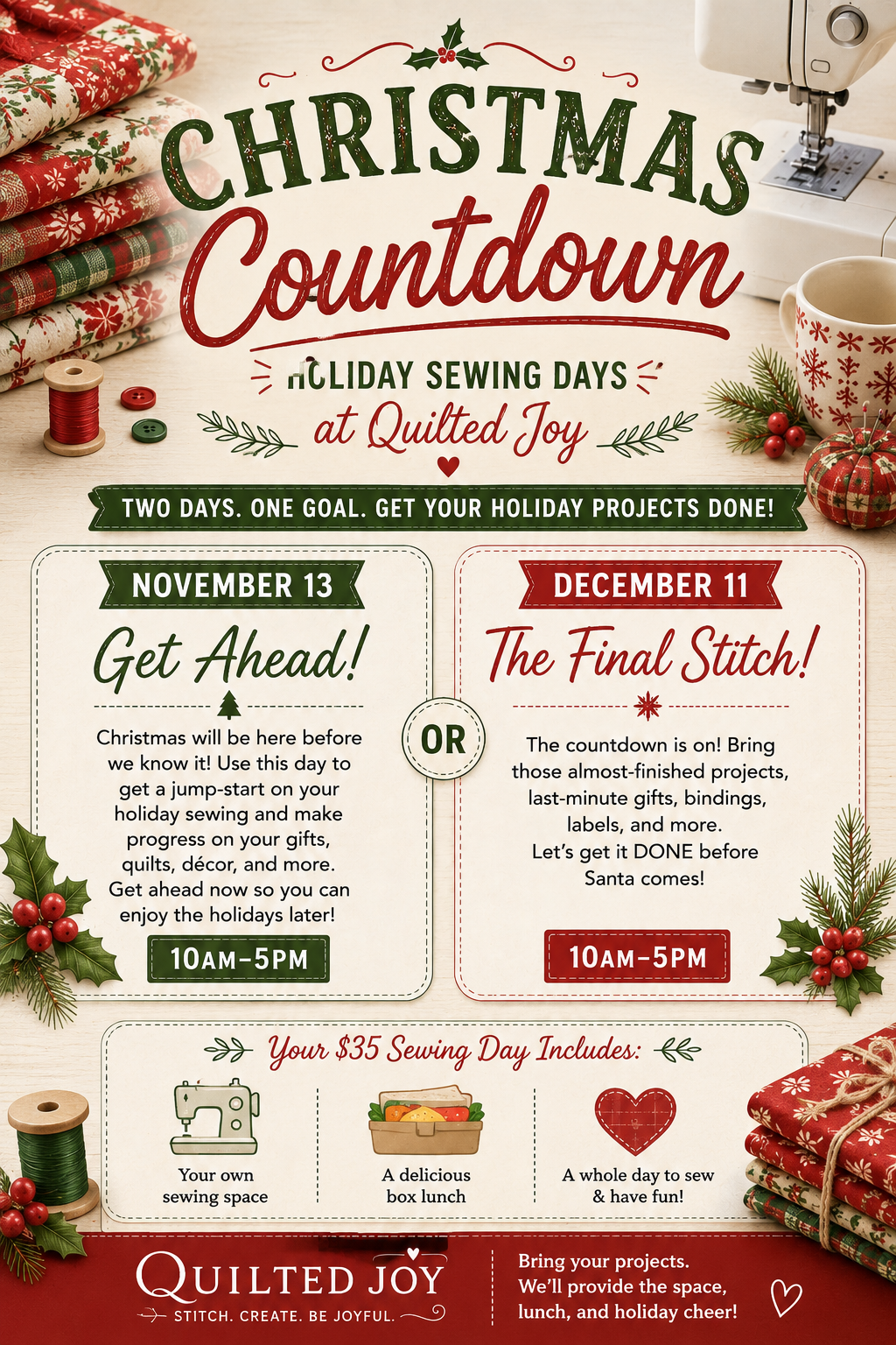Christmas Countdown Holiday Sewing Days event flyer at Quilted Joy November and December
