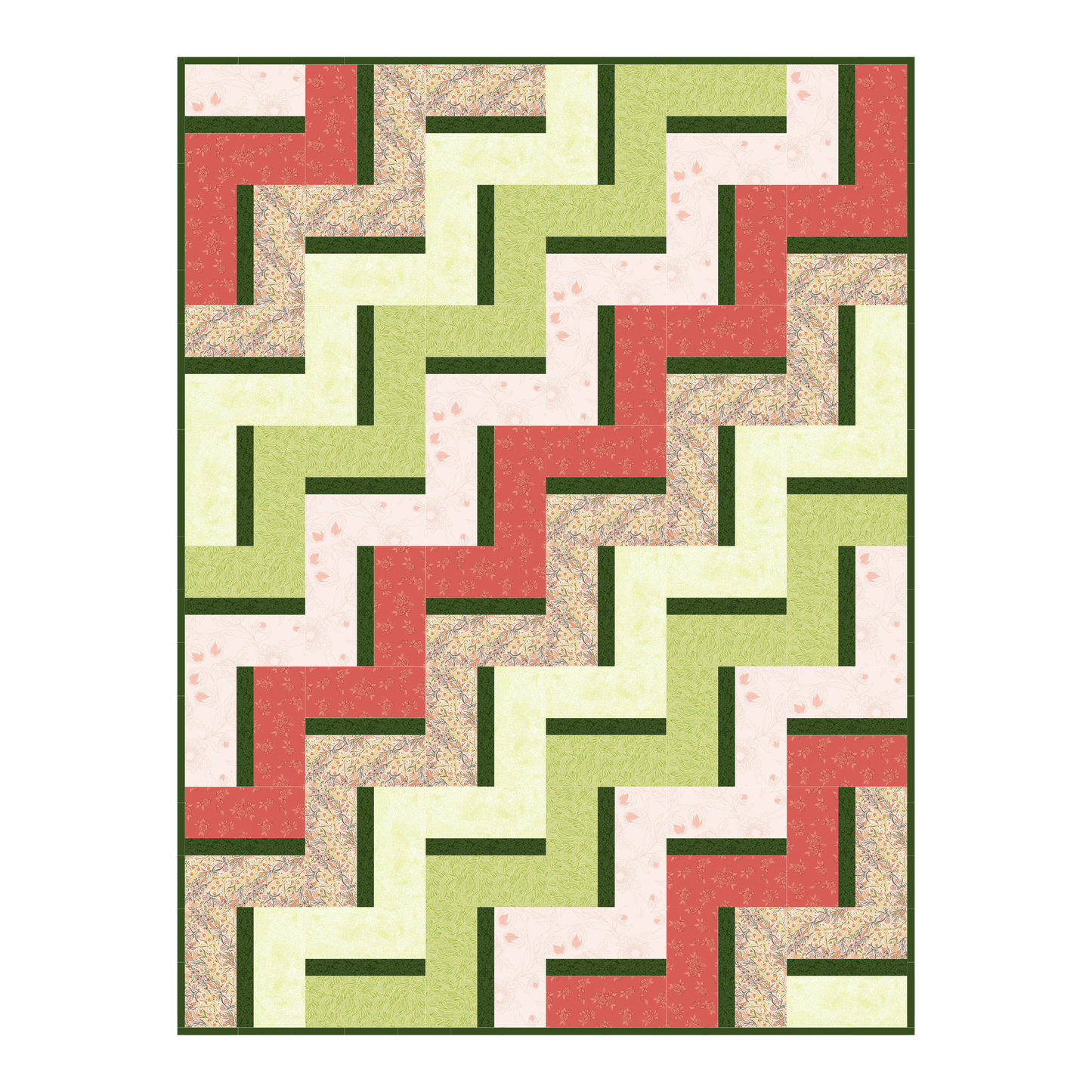 The Quilted Joy Clover Path Quilt Kit features a nature-inspired zigzag pattern in green, red, pale yellow, pink, and cream with solid and floral prints in interlocking rectangles—perfect for adding charm to your space.