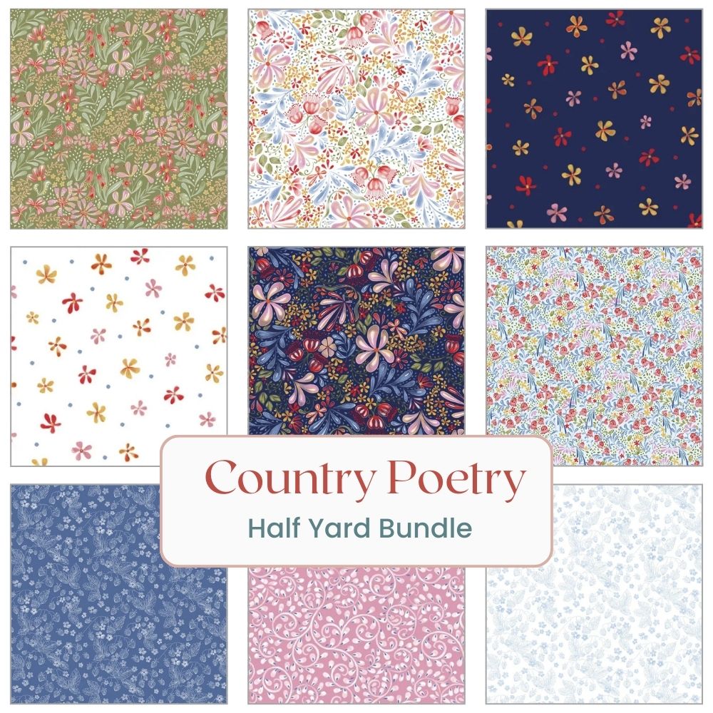A grid of nine intricate, colorful floral fabrics from P & B Textiles, labeled Country Poetry Half Yard Bundle, each square showcasing unique botanical designs.