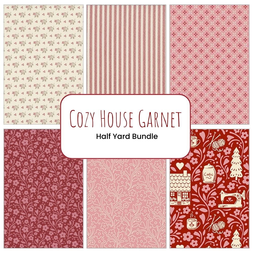 Six rectangular fabric swatches from Andover's Cozy House Garnet Half Yard Bundle in red and cream, featuring floral, striped, and illustrated patterns—perfect half-yard cuts for your next project.