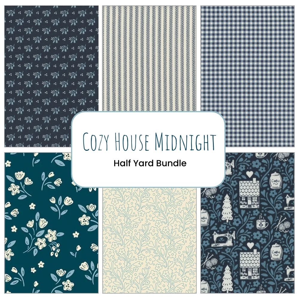A collage of six Andover fabric patterns in navy blue, cream, and teal—featuring floral, striped, and checkered designs. Center text: Cozy House Midnight Half Yard Bundle. Add a charming touch to your projects!.