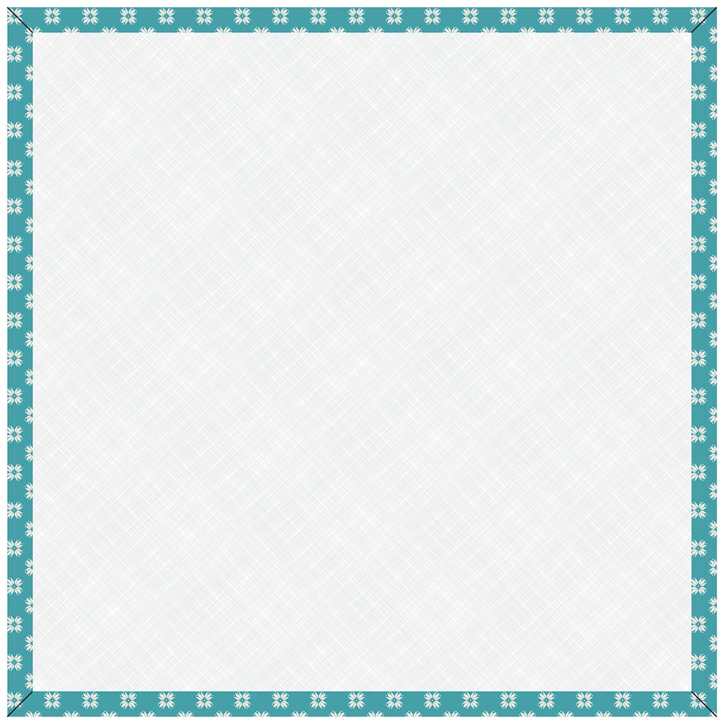 The Lori Holt Raindrop 14" Square Farmer's Daughter Design Board by Checker Distributor features a white square with a teal snowflake border and subtle crosshatch pattern, perfect for organizing quilt blocks or auditioning fabrics.