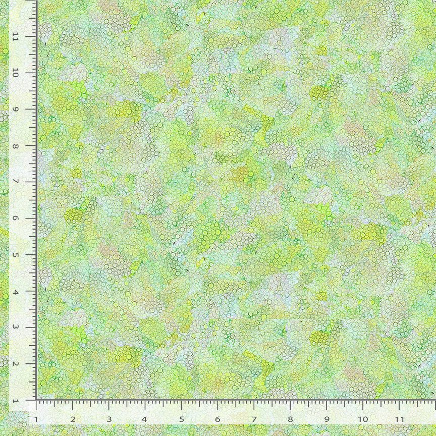 A fabric swatch with a bubble-like abstract pattern in light green, yellow, and blue. Inch rulers show scale. This is Dragonfly Mist Green Bubble Texture Fabric Yardage by Timeless Treasures.