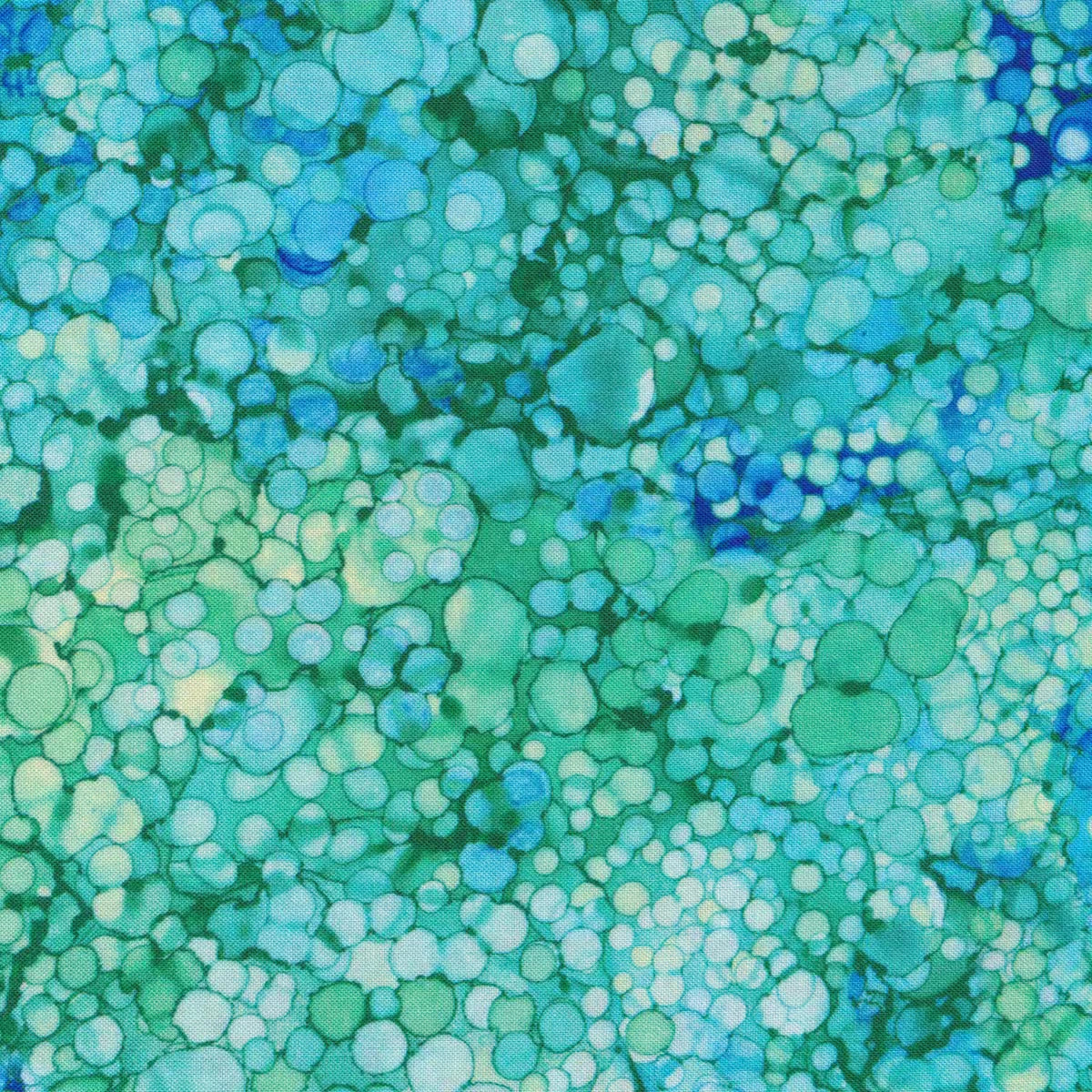 Bliss Basics Caribbean Fabric Yardage by Northcott features an abstract pattern of overlapping blue and green bubbles and circles, creating a textured effect. Perfect for quilting cotton projects or enhancing your designs.