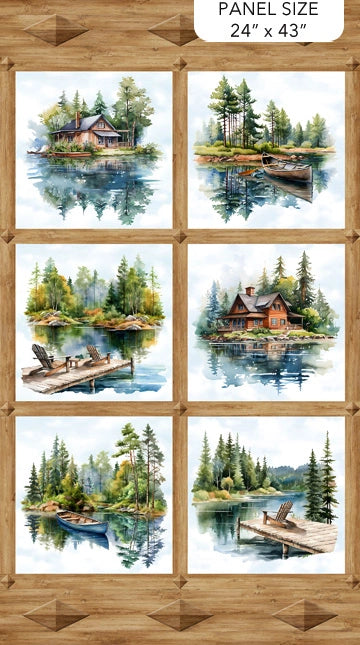 The Northcott Lakeside Retreat Brown Multi Panel features six watercolor lake scenes with cabins, docks, boats, and Adirondack chairs framed by a wood-look border. Panel size is 24" x 43".