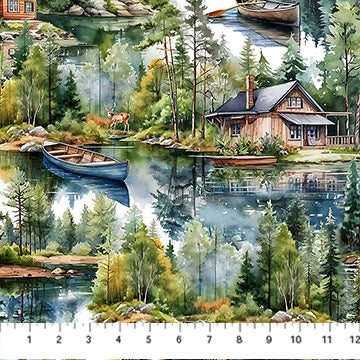 The Northcott Lakeside Retreat Brown Multi Scenic Fabric Yardage features a lakeside cabin, trees, blue rowboat, deer onshore, and forest reflections. A ruler at the bottom shows scale—ideal for cabin décor fabric projects.