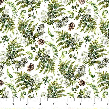 Lakeside Retreat White Ferns Fabric by Northcott features green ferns, pinecones, leaves, and white flowers on a white background. Shown with a ruler for scale, it's ideal for woodland-themed quilting and craft projects.