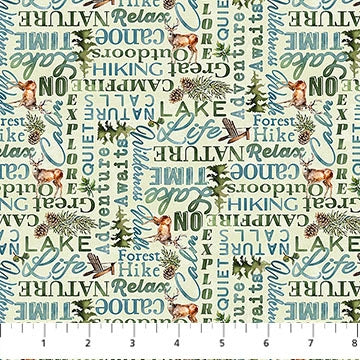 Lakeside Retreat Light Green Words Fabric Yardage - quilt fabric for sewing and quilting projects