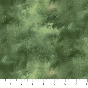 The Lakeside Retreat Dark Green Texture Fabric Yardage by Northcott features a cloudy green marbled pattern. A white measuring tape (1–8) shows scale—ideal for quilting or your next Lakeside Retreat project.