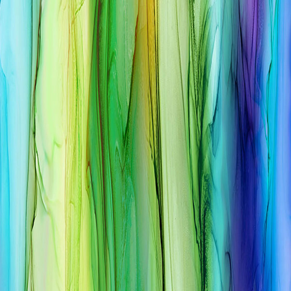 Infatuation Stripe Ombre Purple Fabric Yardage by Northcott features vertical streaks of blue, green, yellow, and purple that blend seamlessly in a watercolor effect, creating soft transitions and fluid movement like abstract art.