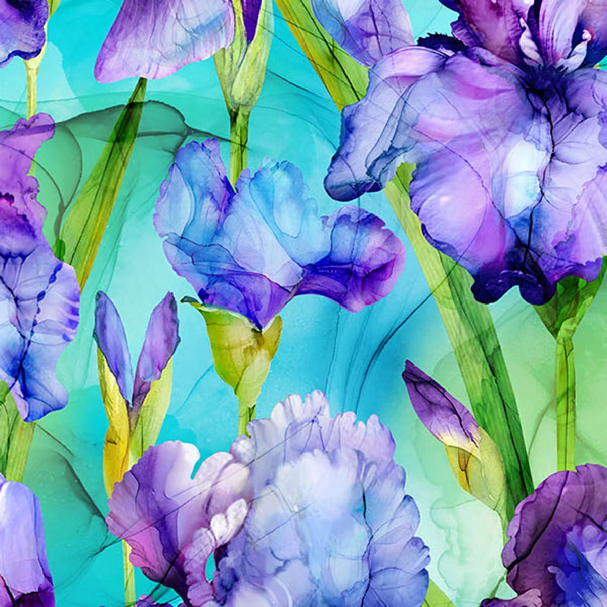 Watercolor-style purple and blue irises with green stems on a vibrant teal background, perfect for quilting or floral cotton projects. Infatuation Iris Turquoise Fabric Yardage by Northcott.