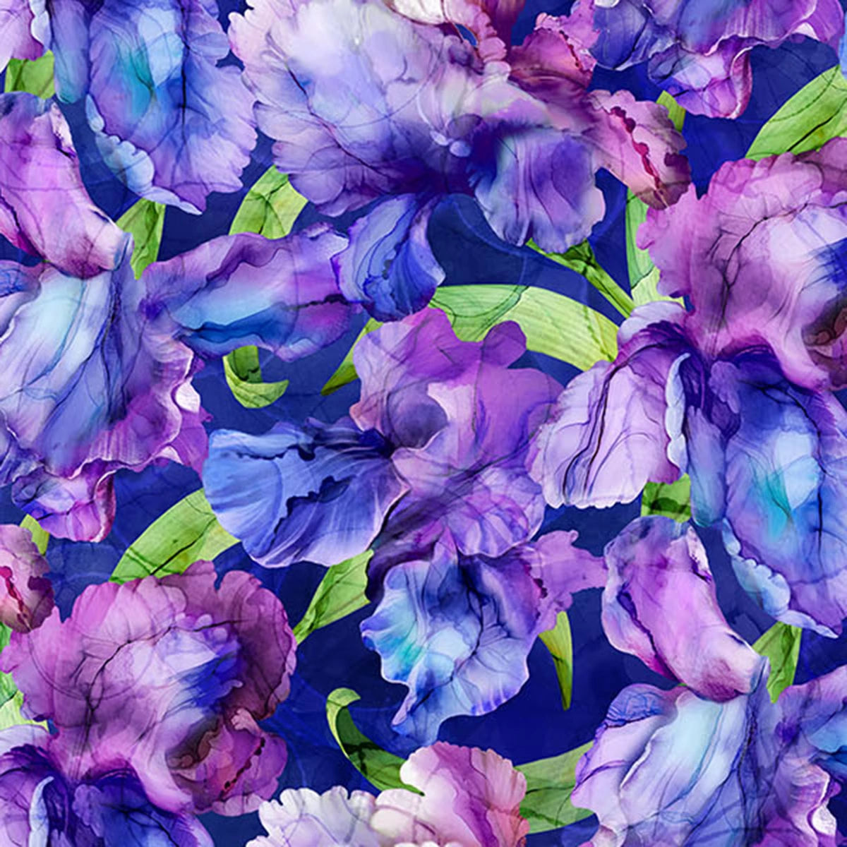 Infatuation Packed Iris Dark Purple Fabric Yardage by Northcott features bold purple and blue irises with green leaves on a dark blue background, creating a striking watercolor effect—ideal for floral projects or the Infatuation Collection.