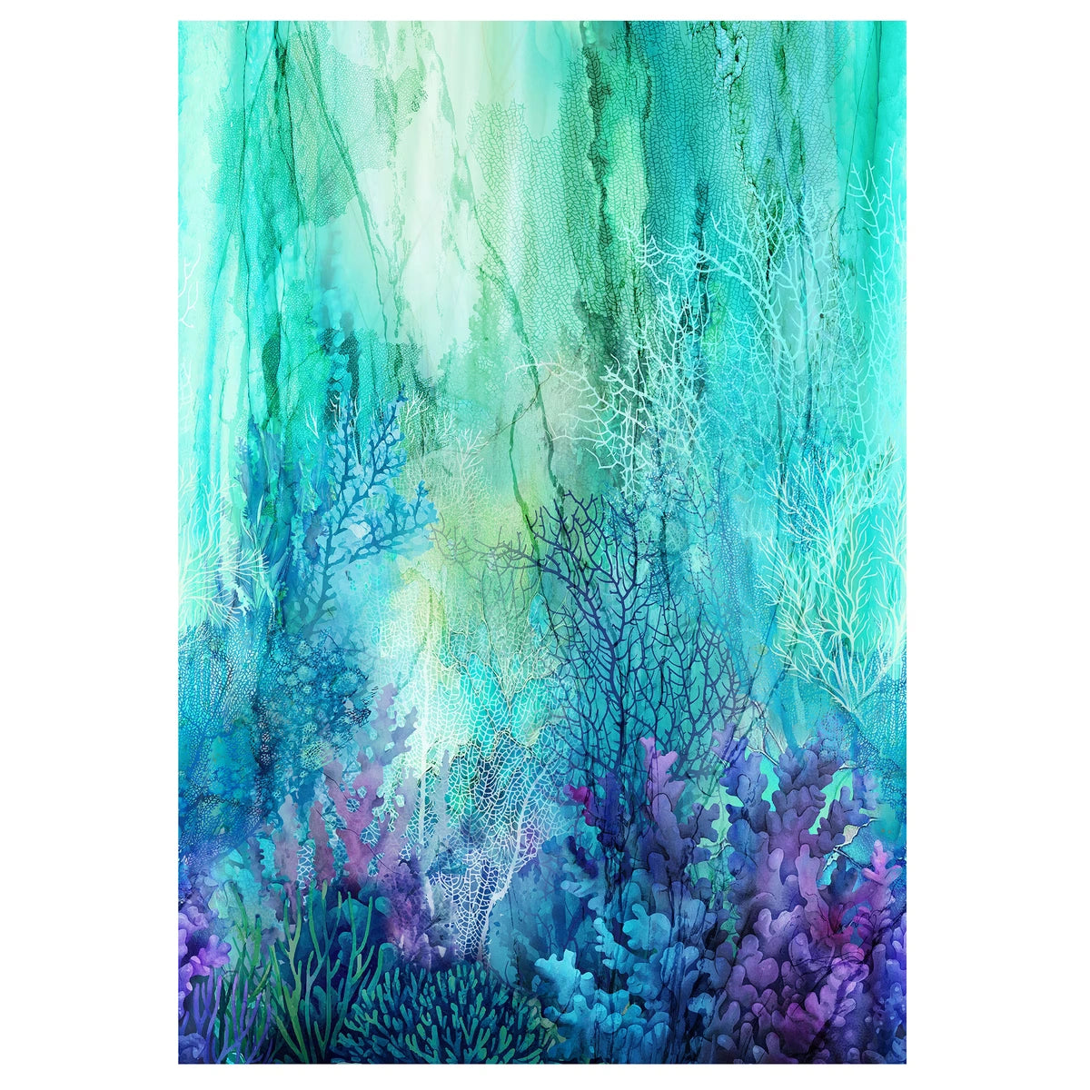 The Northcott Coral Reef Turquoise Multi Ombre Fabric Yardage features an abstract underwater scene with vibrant blue, turquoise, and purple coral reef designs, creating a dreamy, ethereal ocean atmosphere perfect for quilting projects.