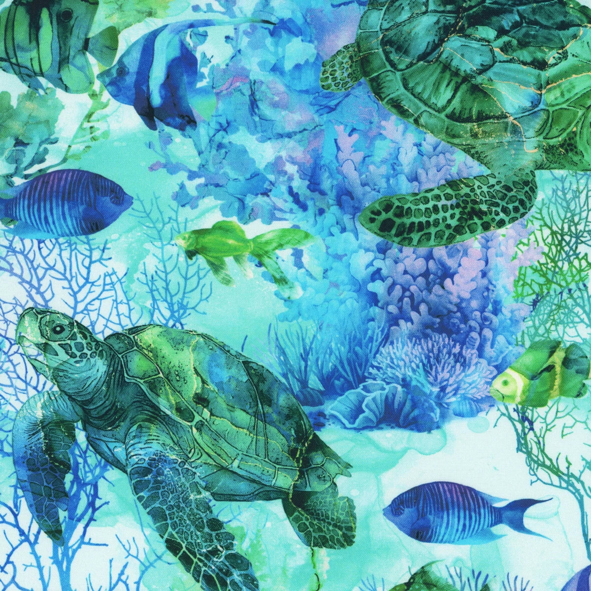 Coral Reef Turquoise Multi Turtle & Fish Fabric Yardage by Northcott features colorful sea turtles, vibrant coral reefs, and blue-purple fish in lively turquoise shades—perfect for marine-themed quilting and sewing projects.