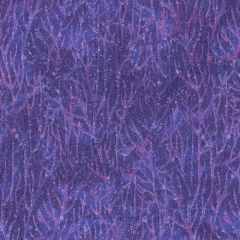 Coral Reef Purple Tonal Coral Fabric Yardage by Northcott features intertwining purple and blue coral branches with small light dots on a dark blue background—ideal for quilting or ocean-themed projects.