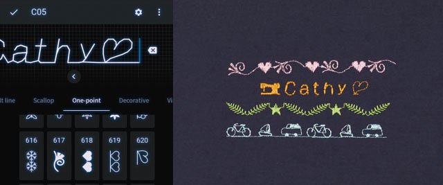The JUKI Hayate DX-4500QVP touchscreen showing the name Cathy typed in a script font, beside a panel of decorative stitch patterns.