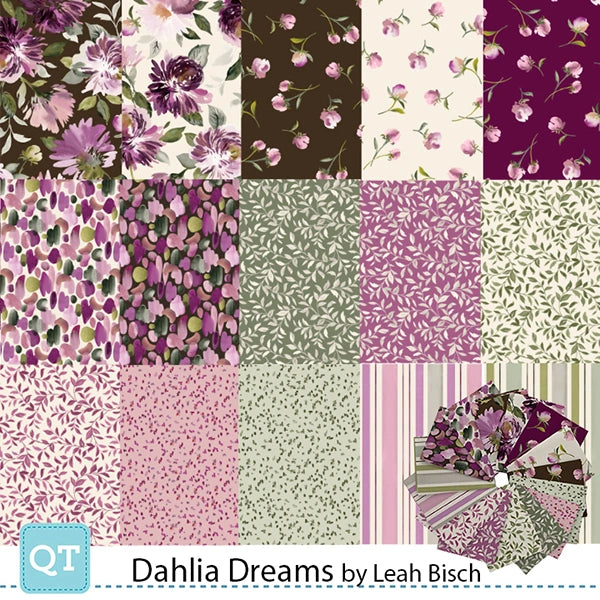 A bundle of patterned quilting fabric squares in purple, pink, green, and cream with floral, leaf, and dot designs. Text reads Dahlia Dreams by Leah Bisch for QT Fabrics—Dahlia Dreams Fat Quarter Bundle.
