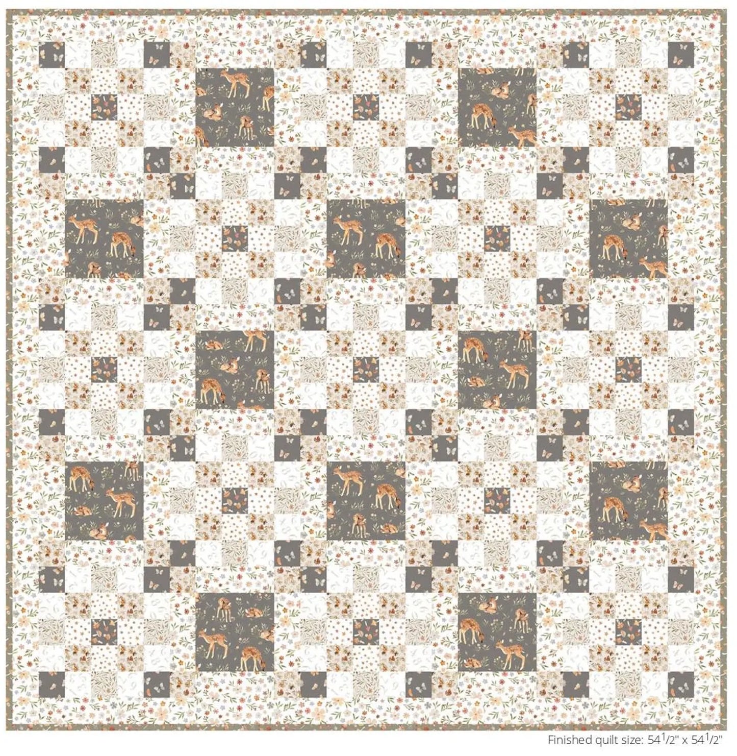 The Quilted Joy Dappled Days Quilt Kit features a repeating woodland patchwork in white, beige, and gray with deer and florals. Finished quilt measures 54 1/2" x 54 1/2".