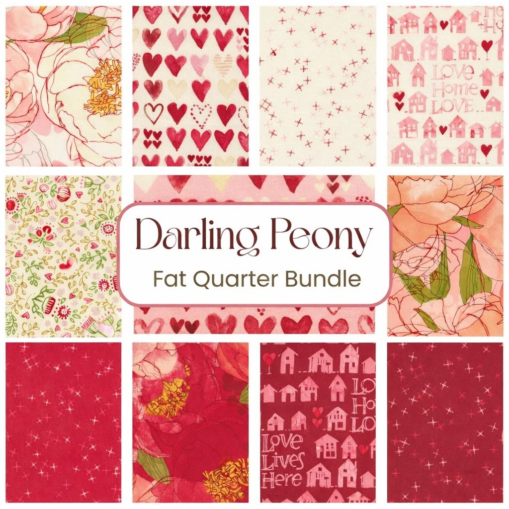 A collage of twelve pink and red fabric swatches with floral, heart, star, and house patterns showcases the United Notions Darling Peony Fat Quarter Bundle II label centered in the middle. Ideal for fat quarters projects.