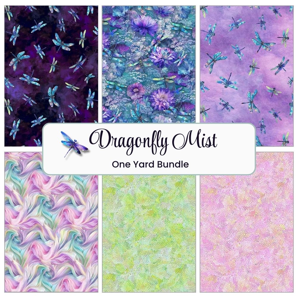 The Dragonfly Mist One Yard Bundle by Timeless Treasures includes six quilting fabrics with dragonflies, flowers, and pastel abstract patterns in purple, green, pink, and blue.