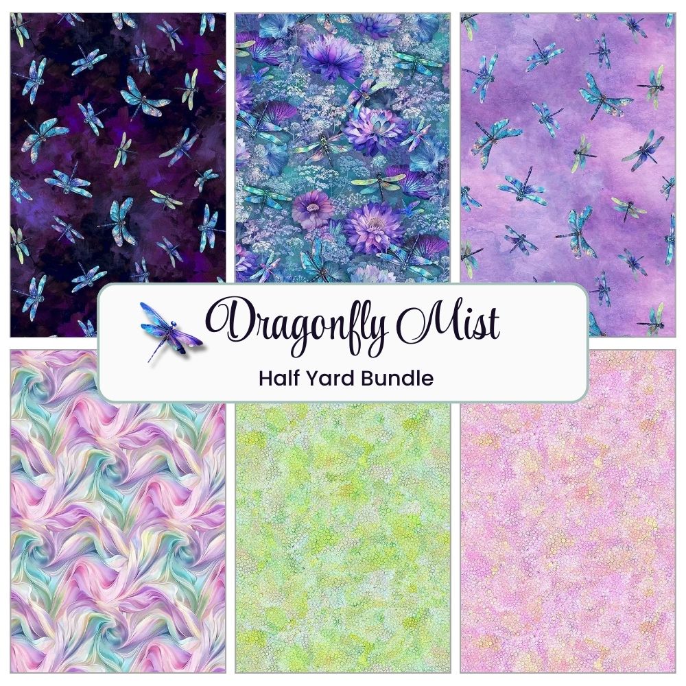 The Dragonfly Mist Half Yard Bundle by Timeless Treasures includes six quilting fabrics with dragonflies, flowers, pastel swirls, and dotted prints in purples and greens—ideal for your next creative project.