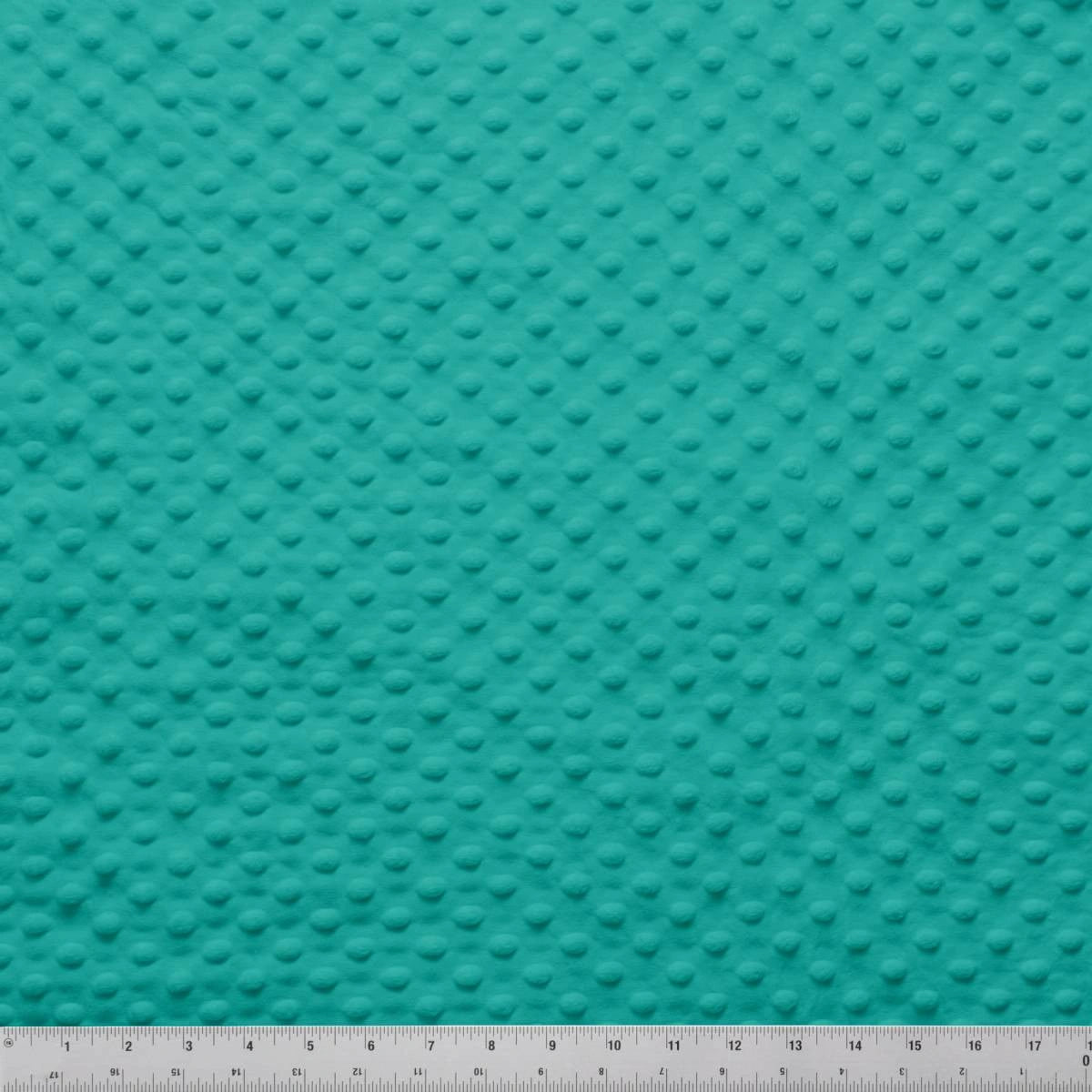 Jaftex - Henry Glass Fabrics Minky Dots Ocean 60" Wide Quilt Backing Fabric features an ocean blue color with evenly spaced raised dots; a ruler in the image shows inches for accurate yardage selection.