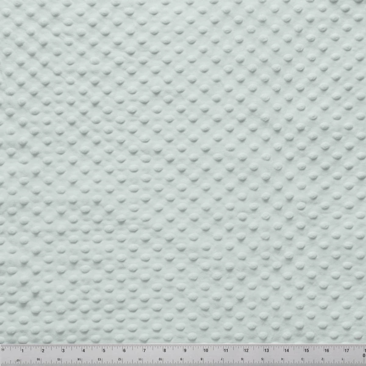 Jaftex - Henry Glass Fabrics Minky Dots Silver 60" Wide Quilt Backing Fabric features a soft, light silver raised dot grid texture. Shown with a gray inch ruler, it’s ideal for quilt backings that need plush comfort and style.
