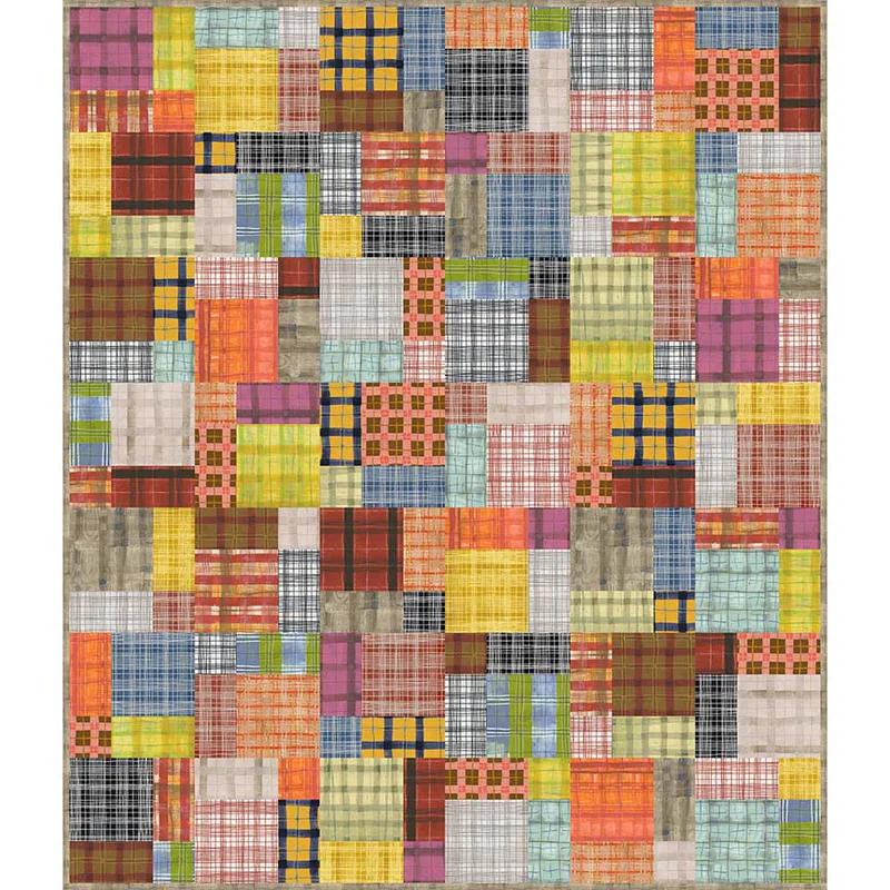 The Plaid One Easy Bake Quilt Kit - PRESALE by Quilted Joy features vibrant red, yellow, orange, blue, green, and beige rectangular pieces in plaid, checkered, and grid patterns for a colorful patchwork quilt.