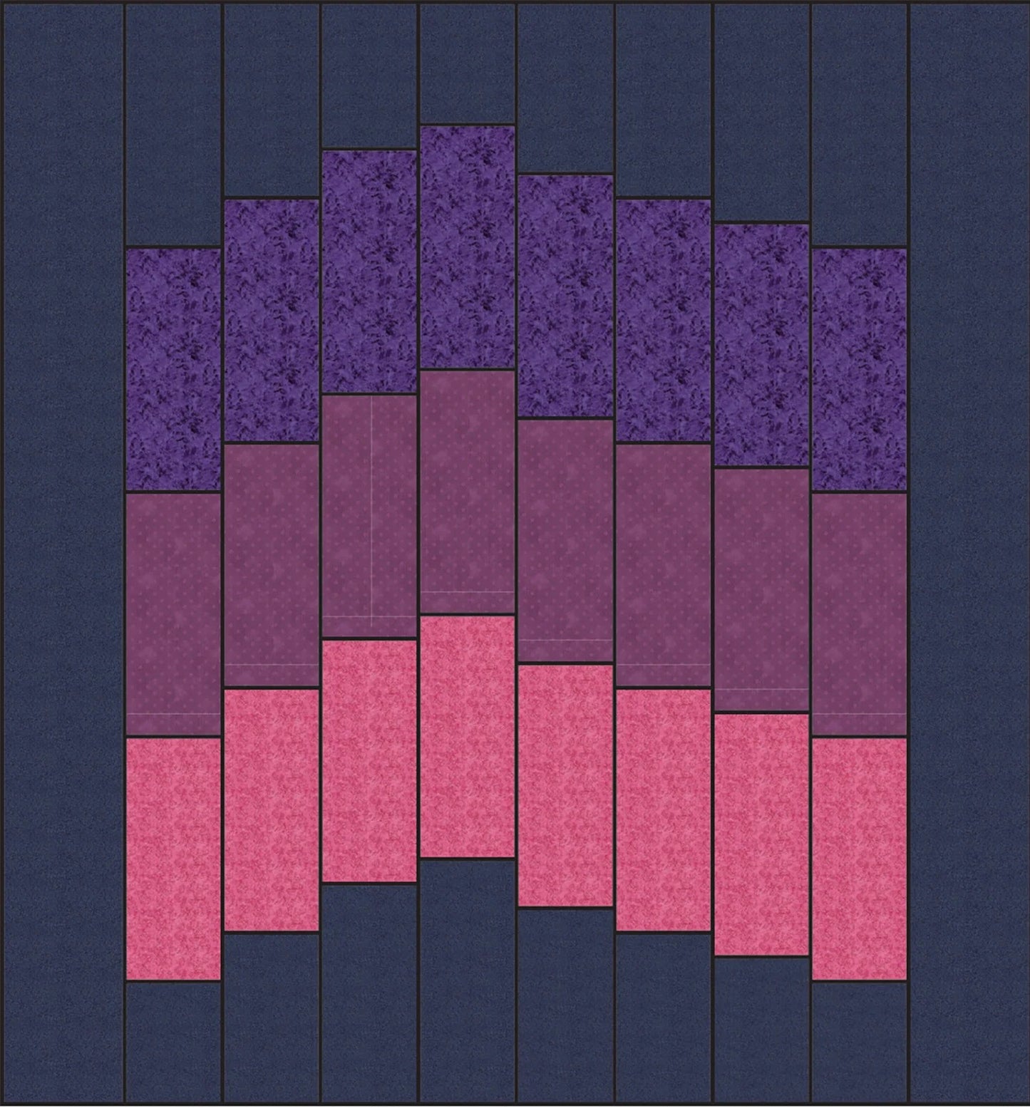 The Echoes of Iceland Warm Aurora Backing Kit by Quilted Joy features a digital quilt pattern with columns of rectangles in blue, purple, and pink on a dark blue background—ideal for quilting projects or as a stunning backing.