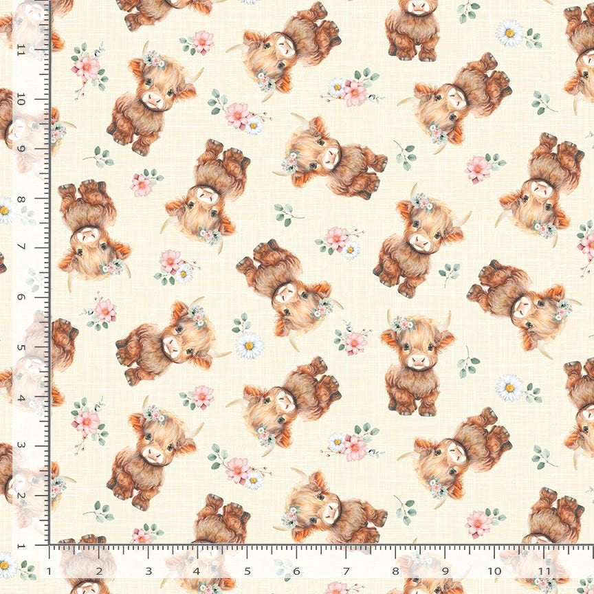 ‘Til the Cows Come Home Multi Highland Cows & Floral Fabric Yardage by Timeless Treasures features fluffy brown calves, pink and white flowers, and green leaves on cream—ideal farmhouse quilt fabric. Inch ruler along edges shows scale.