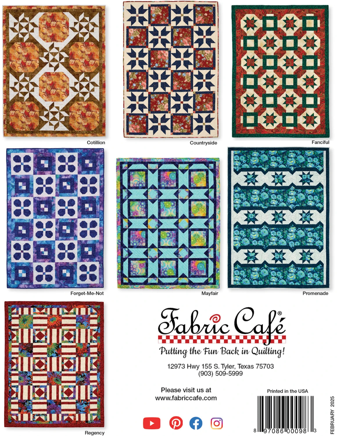 A collage of six colorful geometric and floral quilt patterns—Cotillion, Countryside, Fanciful, Forget-Me-Not, Mayfair, Promenade, Regency—from the Make It Home with 3-Yard Quilts book by Fabric Café. Contact info below.