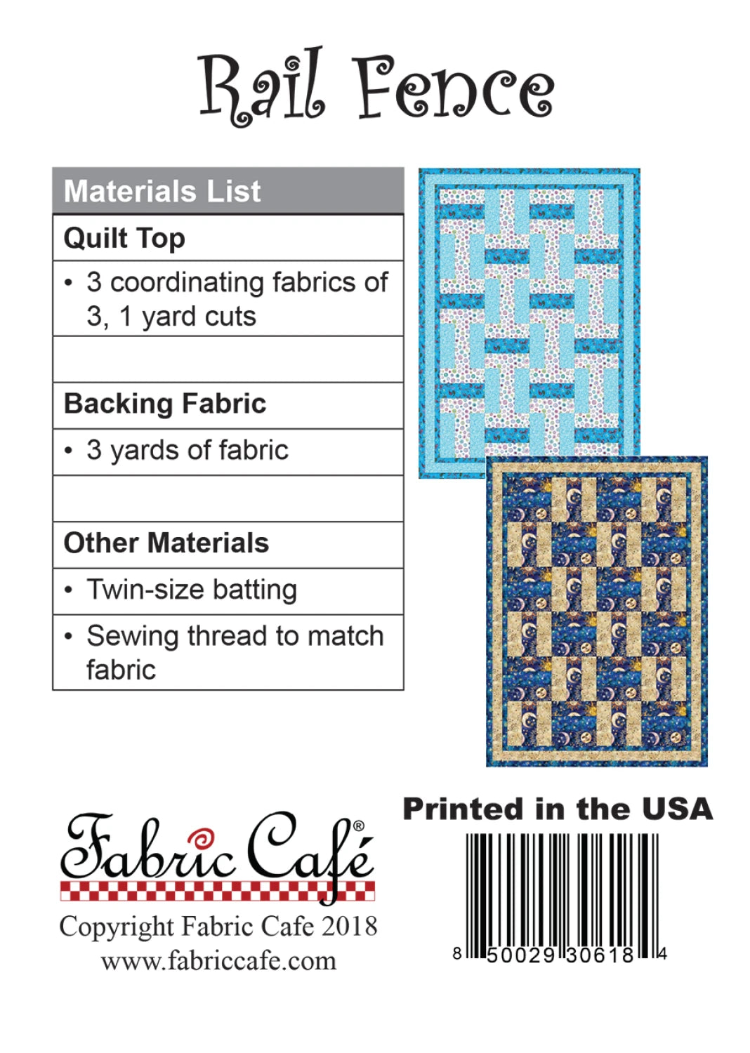 Rail Fence 3 Yard Quilt Pattern cover by Checker Distributor features two blue and tan quilt examples, a materials list for top and backing, and branding at the bottom. Ideal for your next quilting project.
