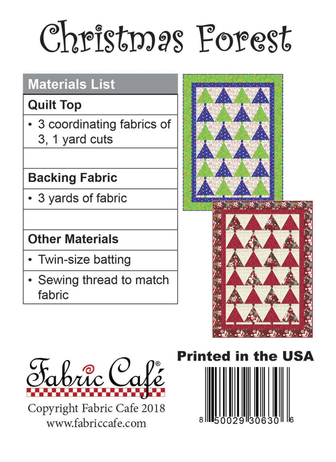 The image displays the Christmas Forest 3-Yard Quilt Pattern by Checker Distributor, showing two sample quilts (green/blue and red/white). A materials list is included. The Checker Distributor logo and barcode appear at the bottom.