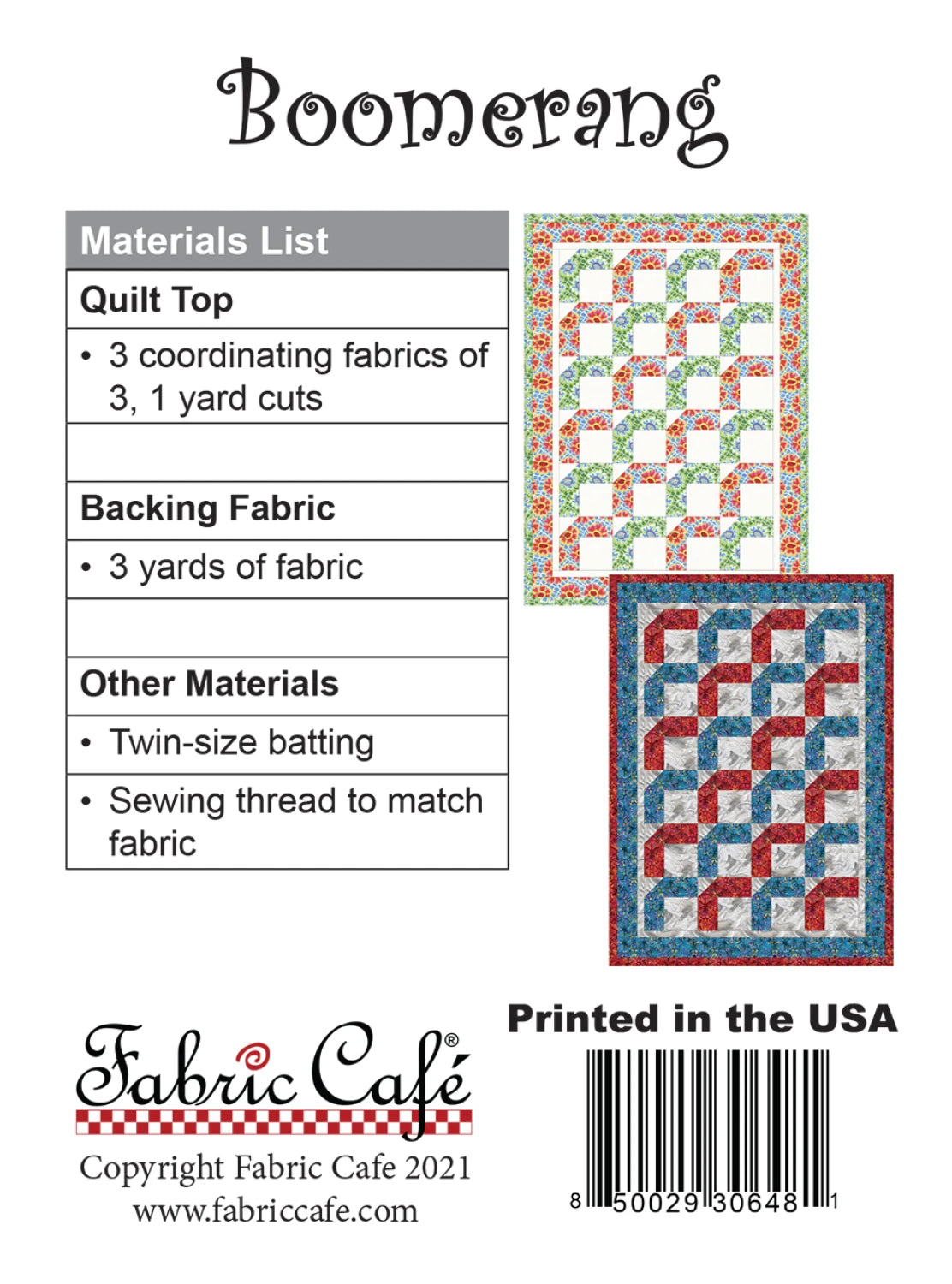 The back of the Checker Distributor Boomerang 3 Yard Quilt Pattern displays two lap quilt samples—one warm, one cool—with a materials list, brand logo, barcode, and copyright info at the bottom.