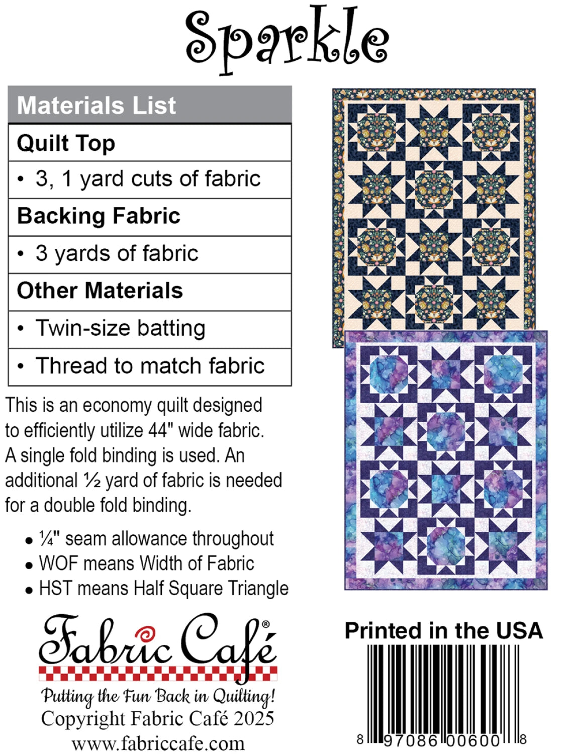 Back cover of the Sparkle 3-Yard Quilt Pattern by Checker Distributor features three vibrant quilt top designs, a materials list, step-by-step instructions, and a barcode at the bottom.