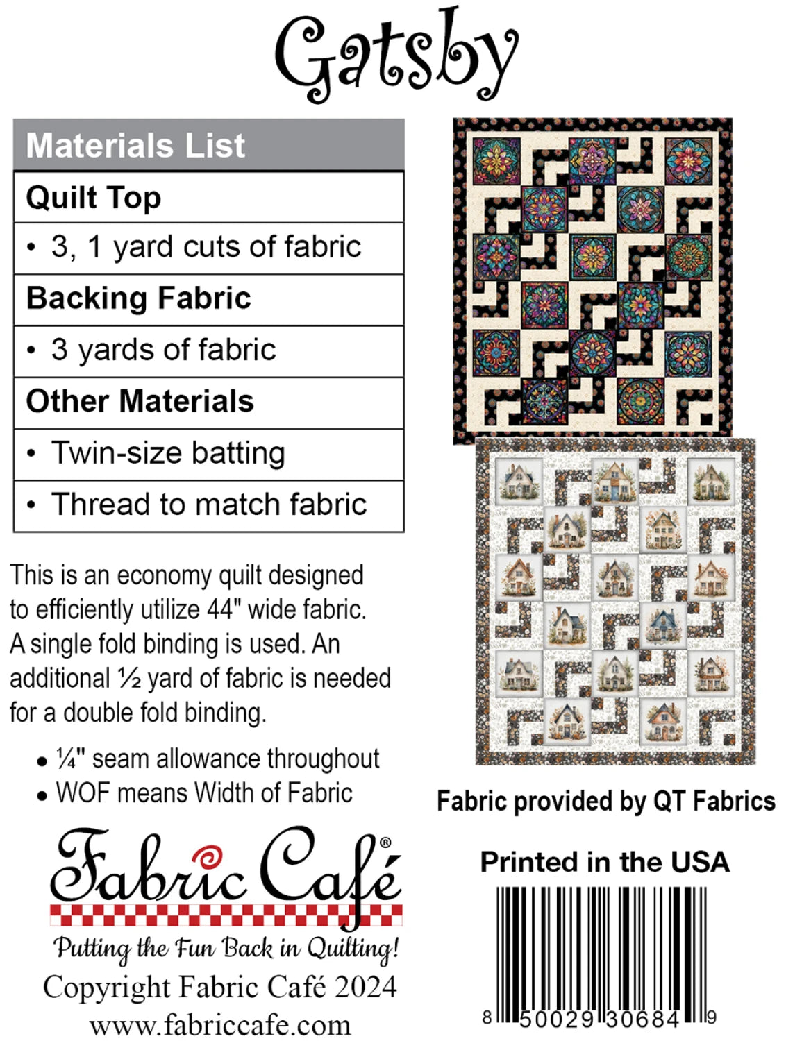 Information sheet for the Gatsby 3 Yard Quilt Pattern by Checker Distributor, including fabric requirements for 44" wide fabric and images of two finished quilts with geometric and pictorial designs.