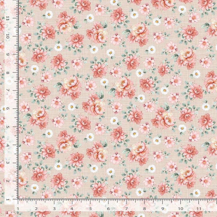 Timeless Treasures 'Til the Cows Come Home Straw Floral Bouquet Fabric Yardage is a premium beige cotton with pink and white flowers plus green leaves, ideal for vintage farmhouse quilting, measured in inches.