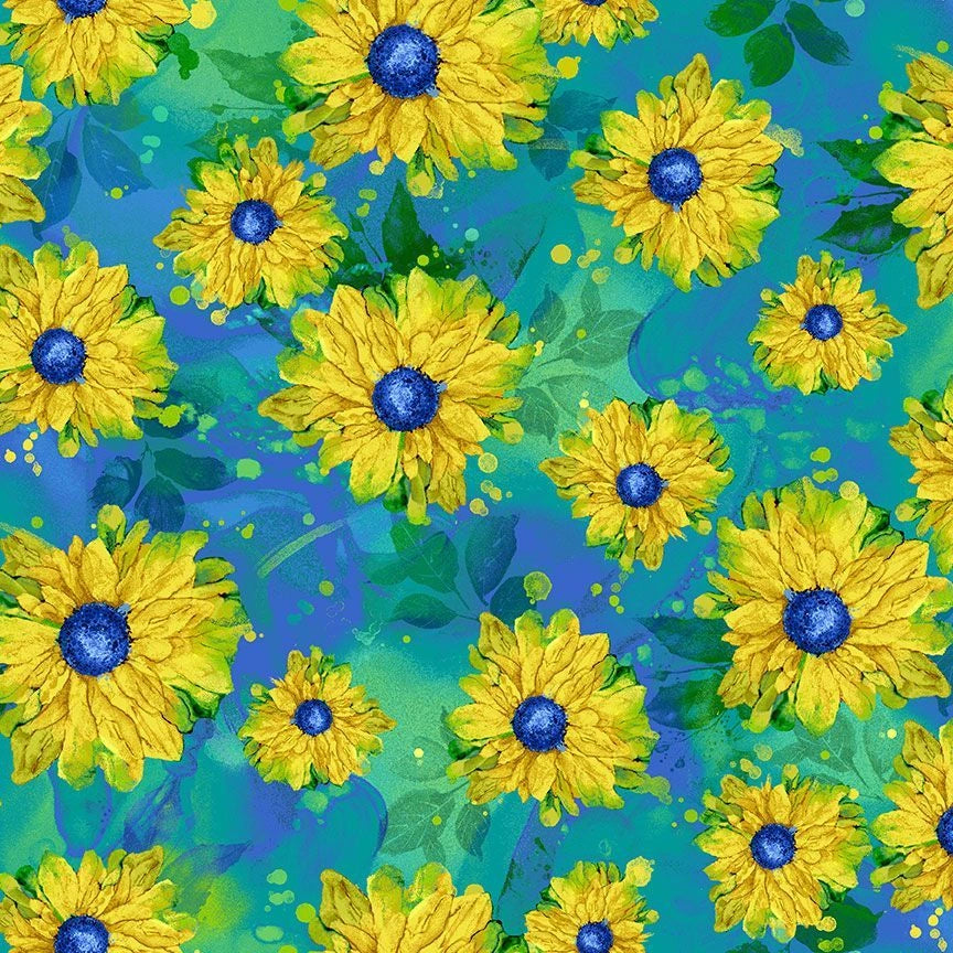 Provence green tossed sunflowers cotton quilting fabric yardage