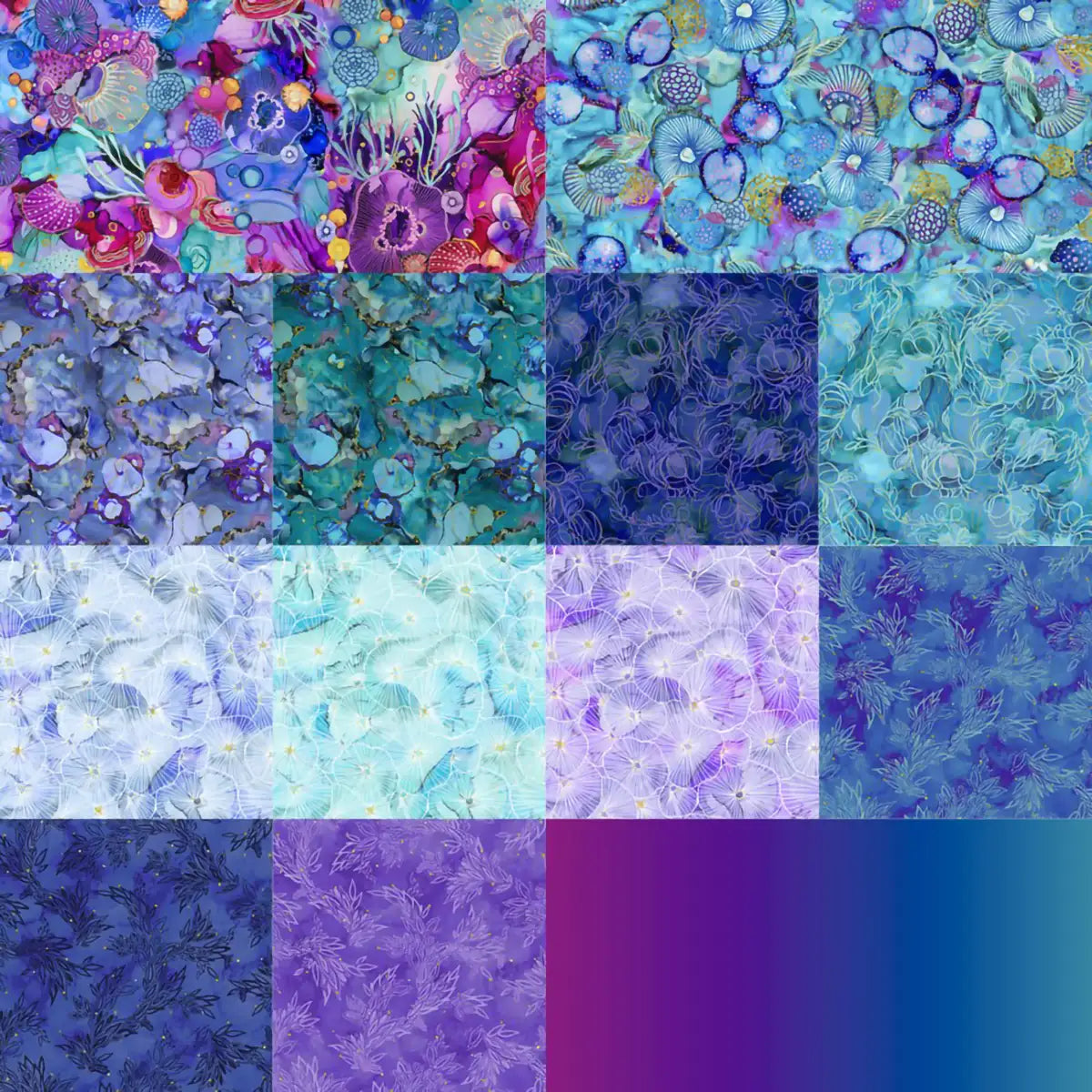 The Painted Sea Fat Quarter Bundle by P & B Textiles features sixteen colorful square patterns with blue and purple ocean-inspired motifs—coral, shells, and seaweed—plus gradients and textures for a watercolor quilt fabric effect.