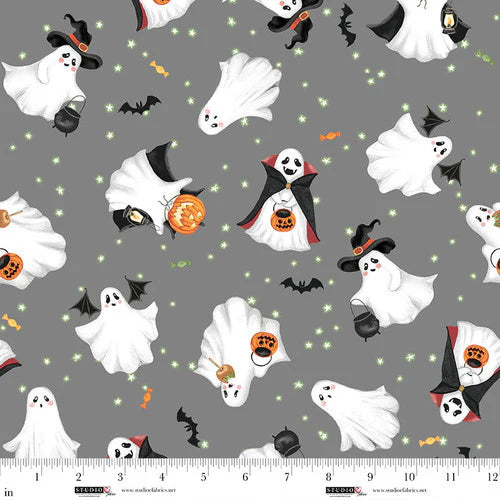 Paranormal Parade Festive Ghosts Grey Fabric Yardage
