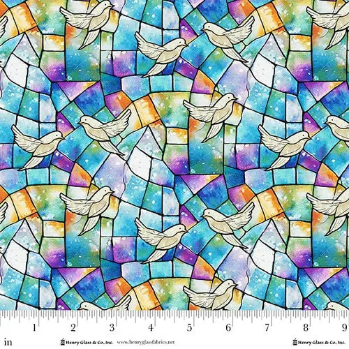 Faith in Full Color Doves on Stained Glass Fabric by Jaftex - Henry Glass Fabrics features white doves over blue, purple, yellow, and green stained glass. Ruler shown for scale—ideal for spiritual quilting fabric projects.