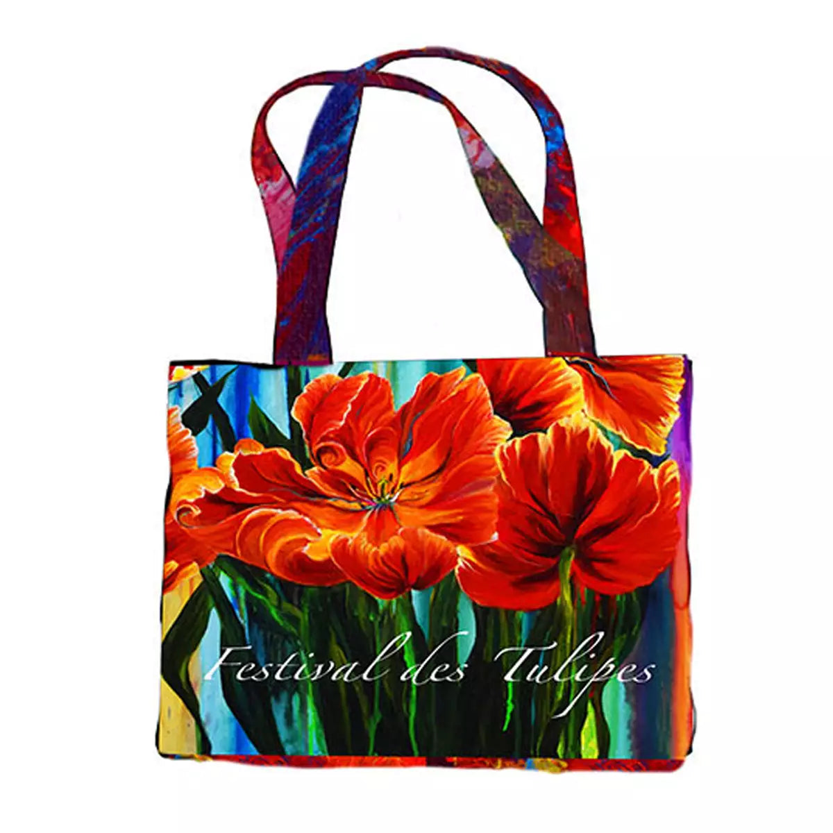 The Quilted Joy Tulip Festival Canvas Bag showcases vivid red-orange tulips and green leaves with "Festival des Tulipes" in white script. Multicolored handles and a lively design make it the perfect accessory for any tulip festival.