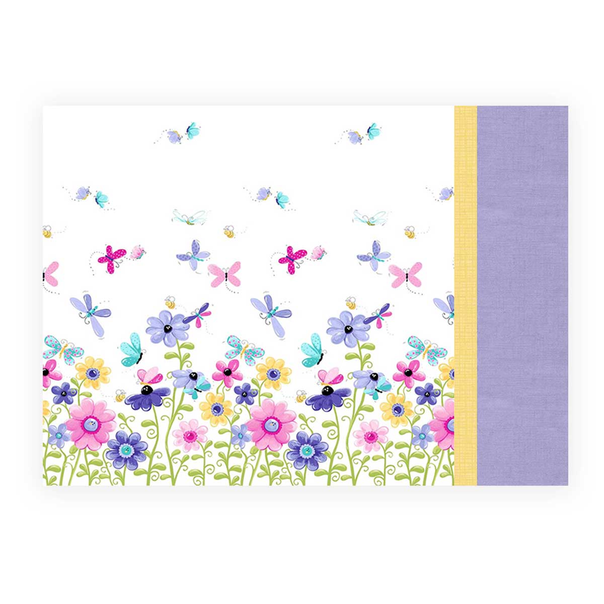 The Quilted Joy Flutter Butterfly Pillowcase Kit features a vibrant design of purple, pink, and yellow flowers with green stems, butterflies, and dragonflies on a white background with lavender and gold stripes—100% cotton.
