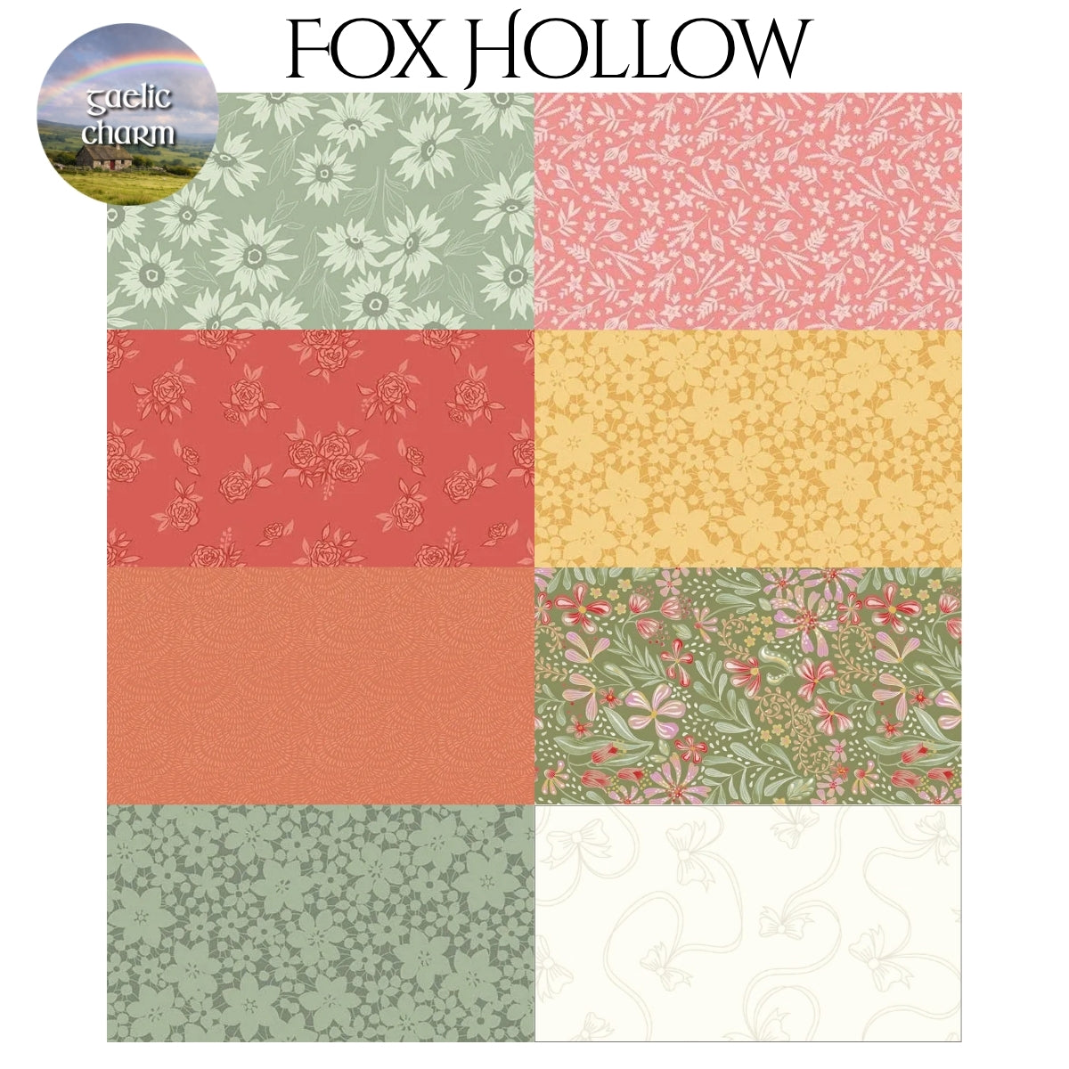 Fox Hollow fabric swatches for Mystery Five-0 Gaelic Charm mystery quilt